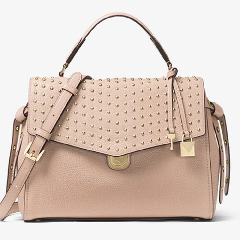Michael Kors Bristol Studded Leather Satchel Crossbody Purse Shoulder Bag Pink - Picture 2 of 16